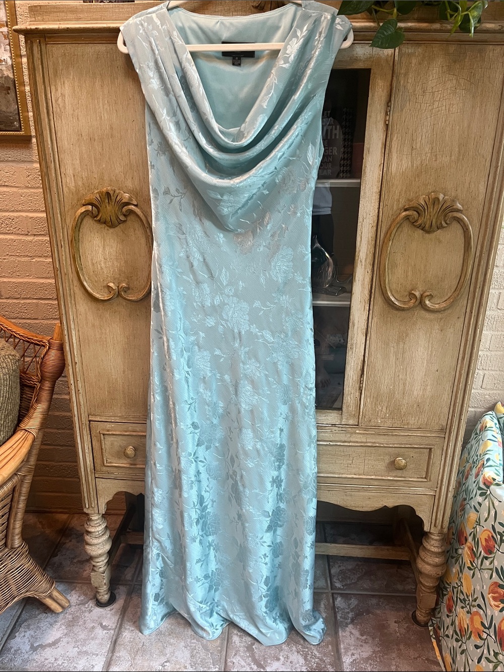 Betsy & Adam Pale Blue Floral Satin Cowl Neck Maxi Dress